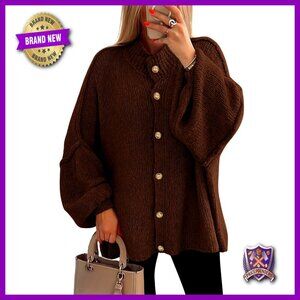 Chunky Knit Cardigan Sweater, Mock Neck, Lantern Sleeves, Loose Fit, Hand Wash